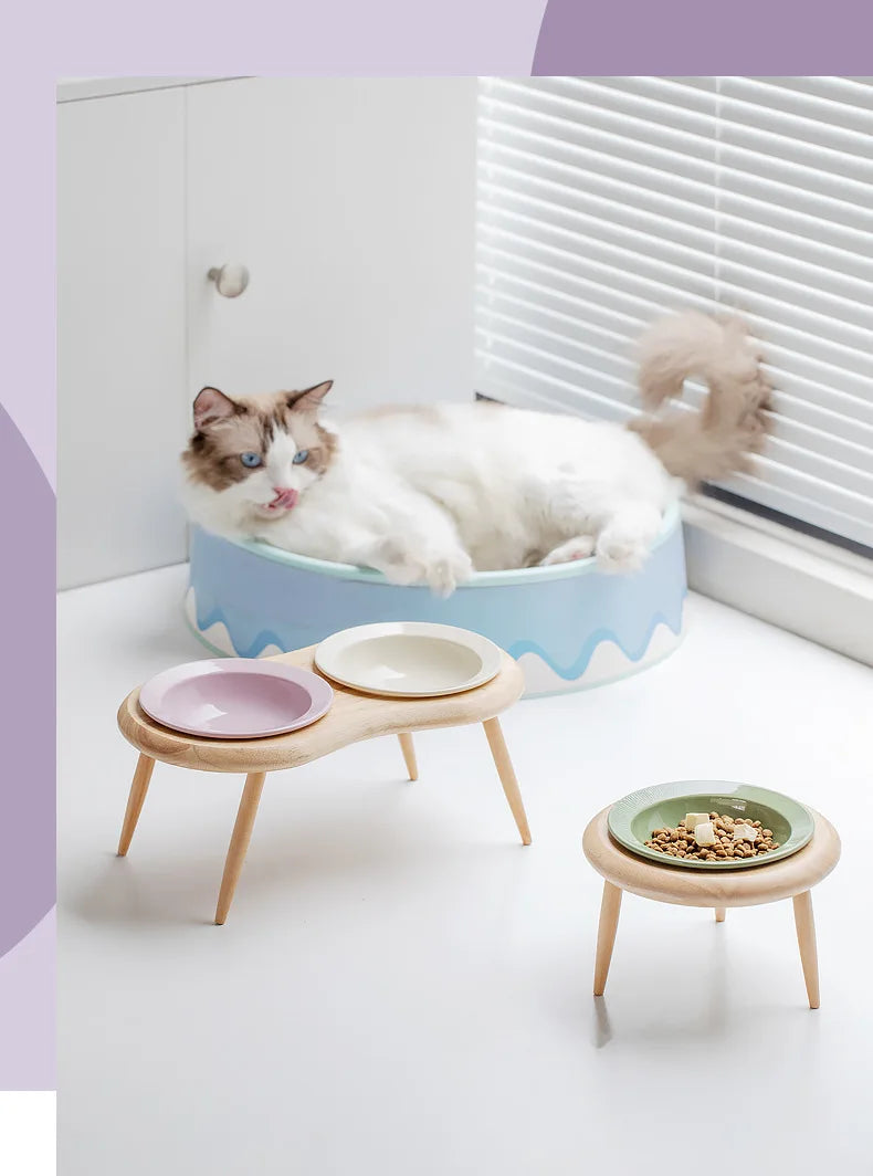 Cat Ceramic Bowl Small Dogs Double Food Water Bowls Pet Elevated Height Adjustable Drinking Eating Bowls with Wooden Stand