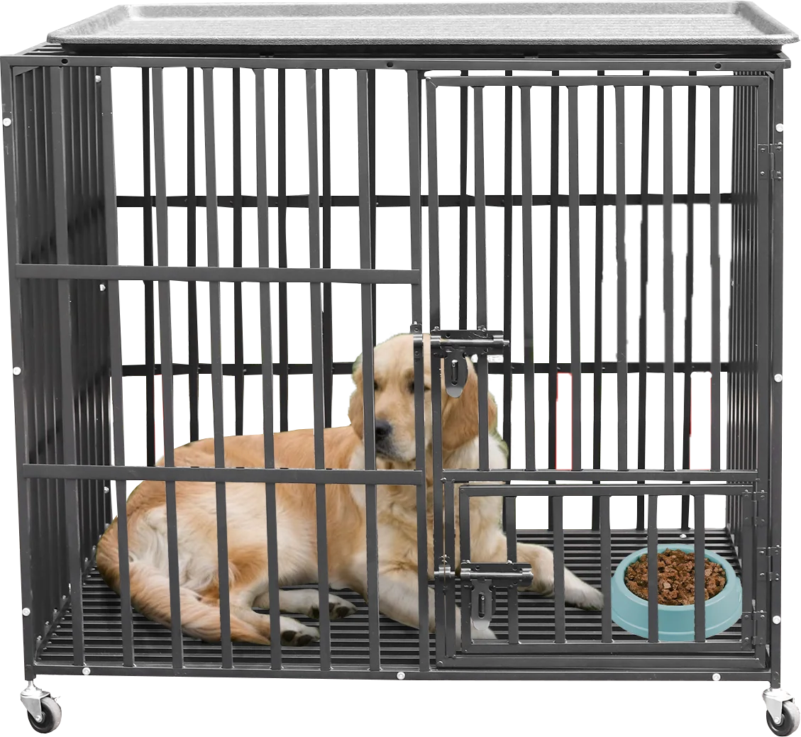 Bingopaw 37” 42” 46” Heavy Duty Dog Cage Metal Pet Dog Crate 3 Doors Locks Design Kennel Playpen with 4 Wheels Removable Tray