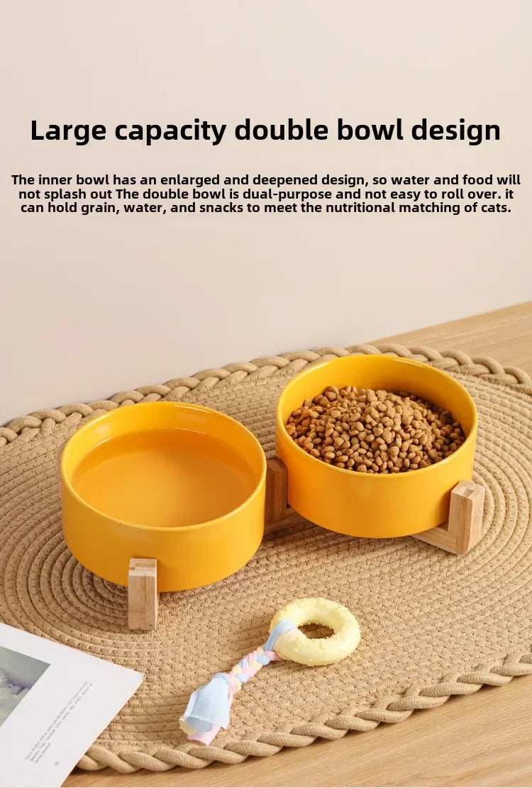Ceramic Double Pet Bowl with Wood Stand - No Spill Food & Water Feeder for Dogs, Cats, Small & Large Pets