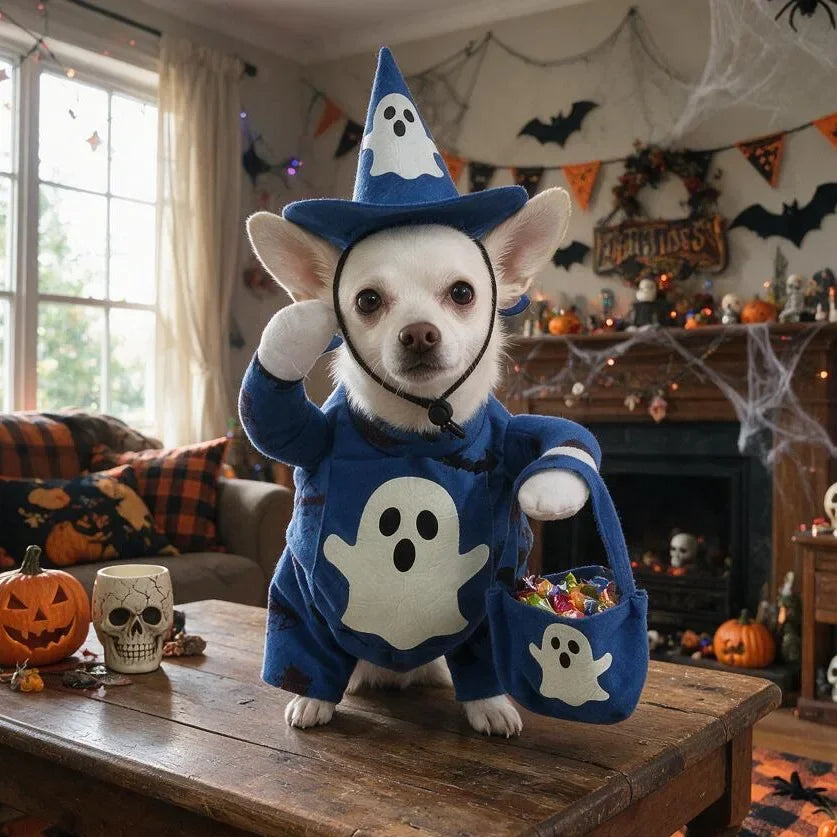 Blue Ghost Pointed Cap Costume Set for Dogs & Cats, Halloween Party, Seasonal Photo Styling, Soft Fabric, Easy Wear