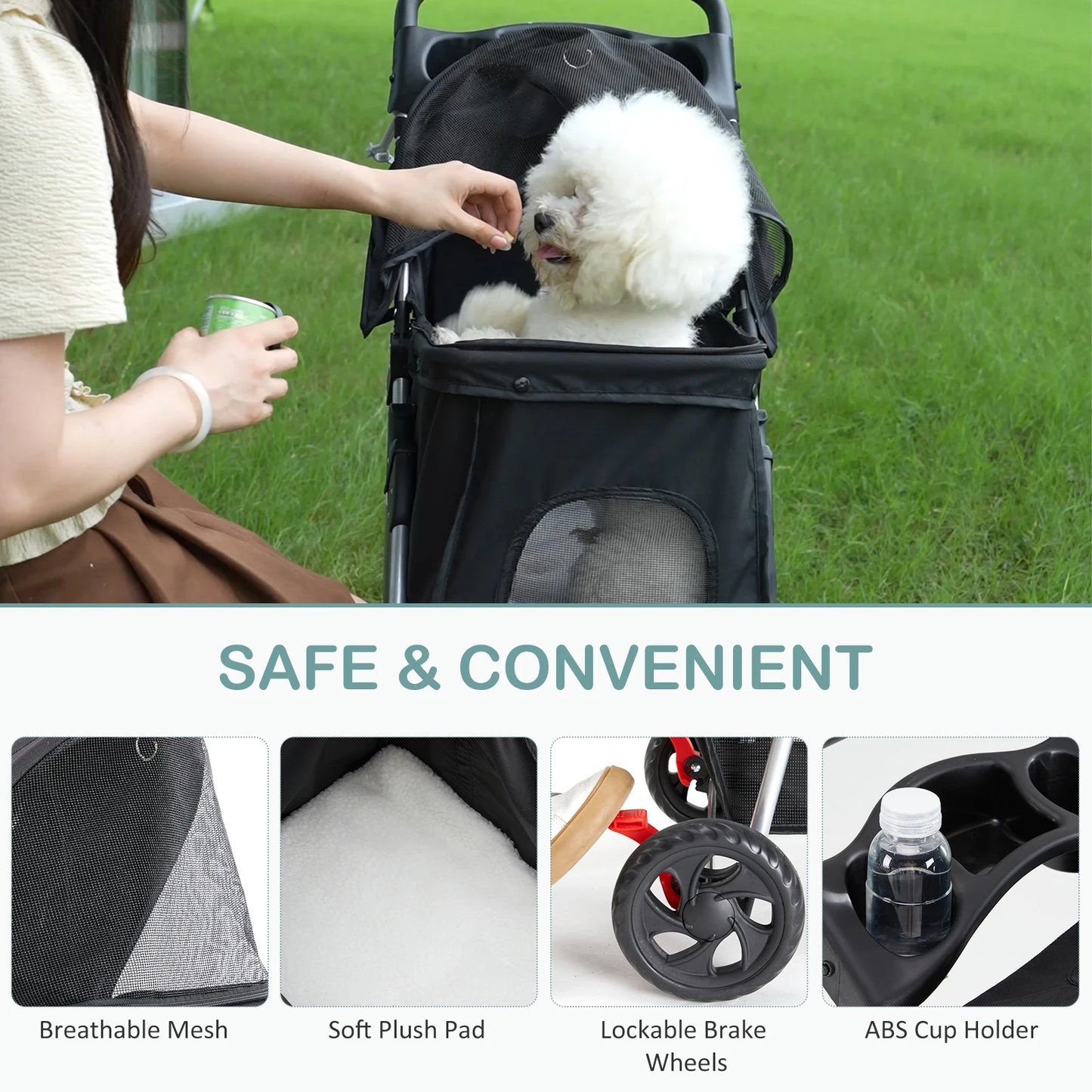 3 Wheels Foldable Pet Stroller for Small Dogs and Cats Stroller with Mesh Windows Storage Basket Cup Holder for Outdoor Use