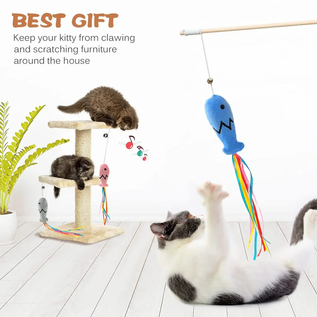 3pcs Cute Fish Cat Wand Toy Solid Wood Catnip Teaser Wand for Cat, Interactive Bell Ribbon Cat Play Stick Toy for Household Cats