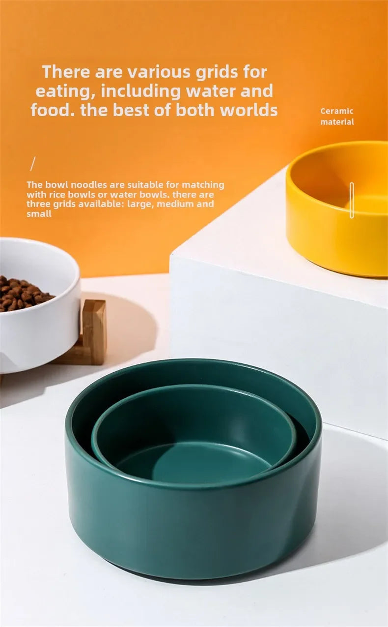 Ceramic Double Pet Bowl with Wood Stand - No Spill Food & Water Feeder for Dogs, Cats, Small & Large Pets