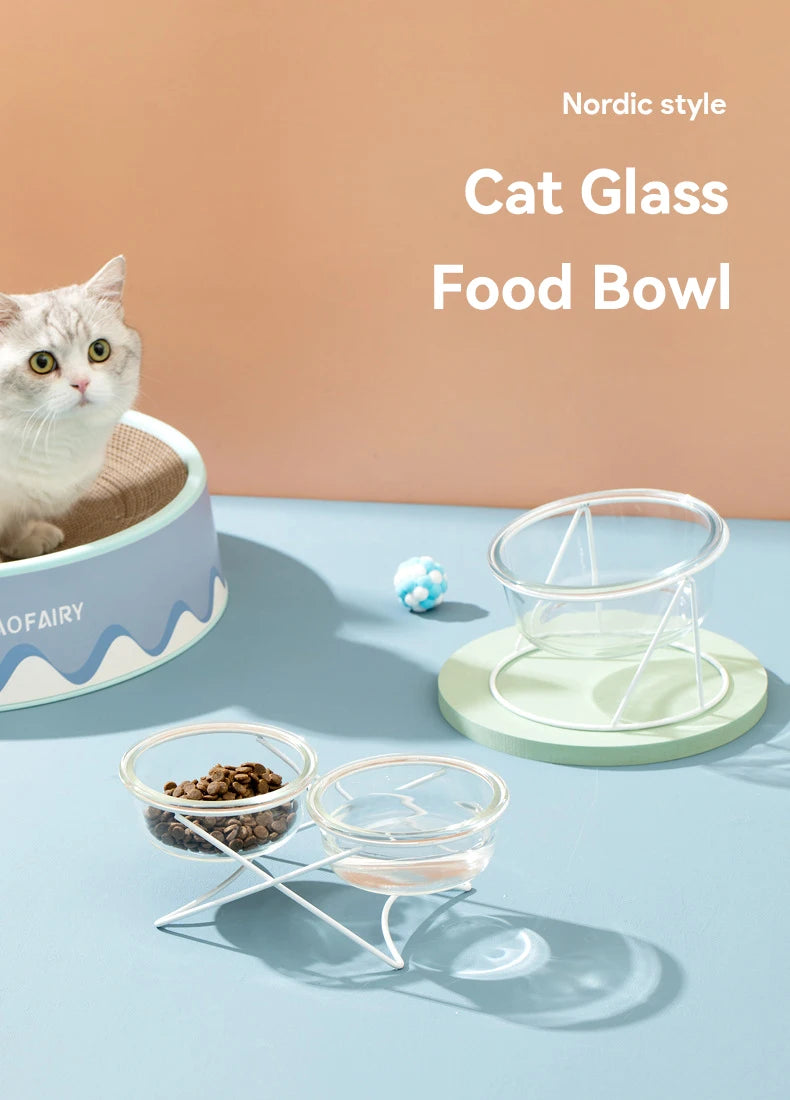 Cat Glass Food Water Bowl Elevated Small Dog Double Drinking Eating Bowls Pet Transparent Feeding Basin with Stand
