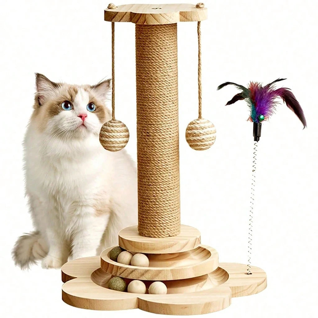 4-in-1 Wooden Cat Scratcher with Ball Track & Feather Toy Self-Play Kitten Activity Center Anti-Boredom Indoor Pet Supplies , Suitable For Indoor Kittens