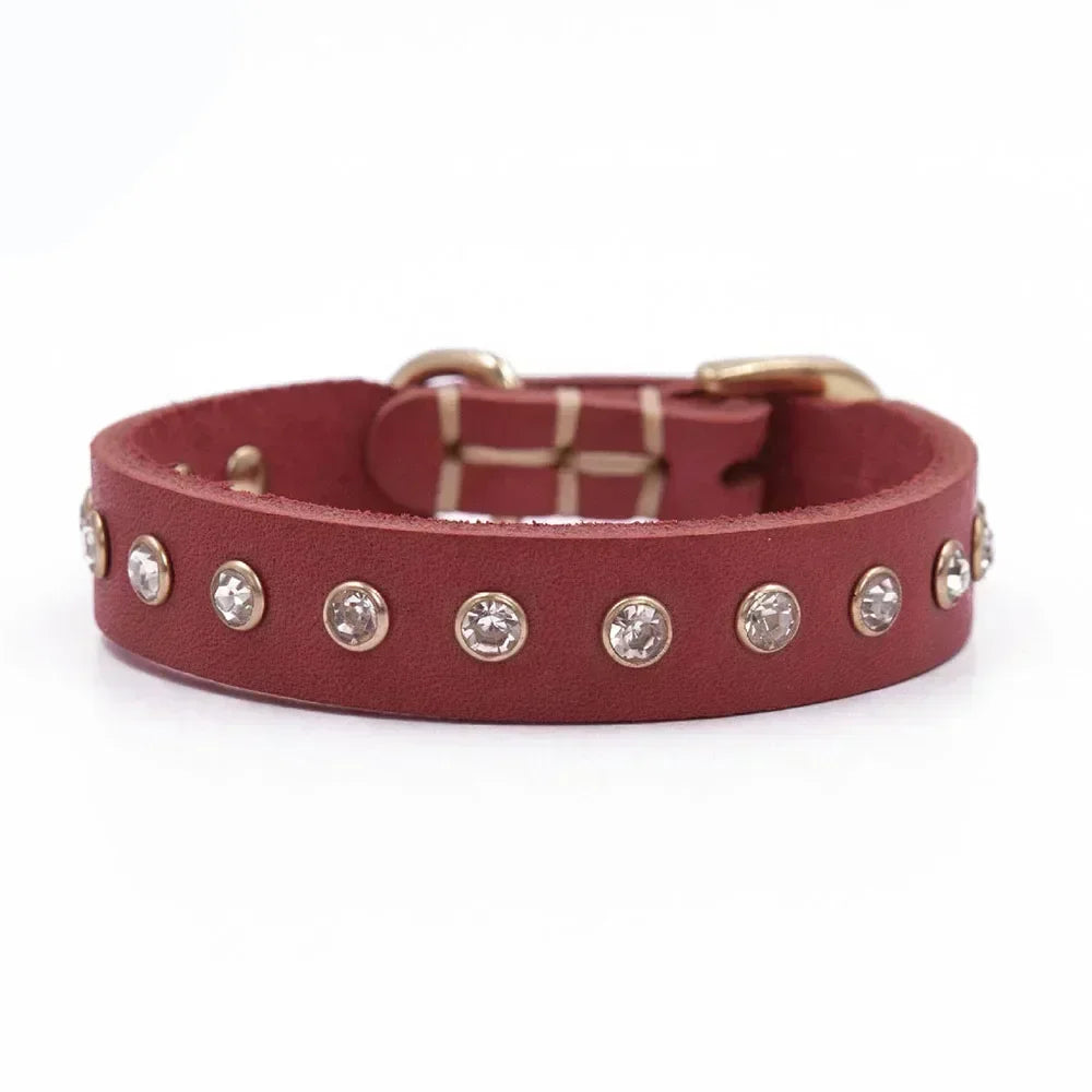 Rhinestone Puppy Dog Cat Collar Bling Kitty Collar Handmade Genuine Leather Crystal Diamond Small Pet Collar Kittens Accessories