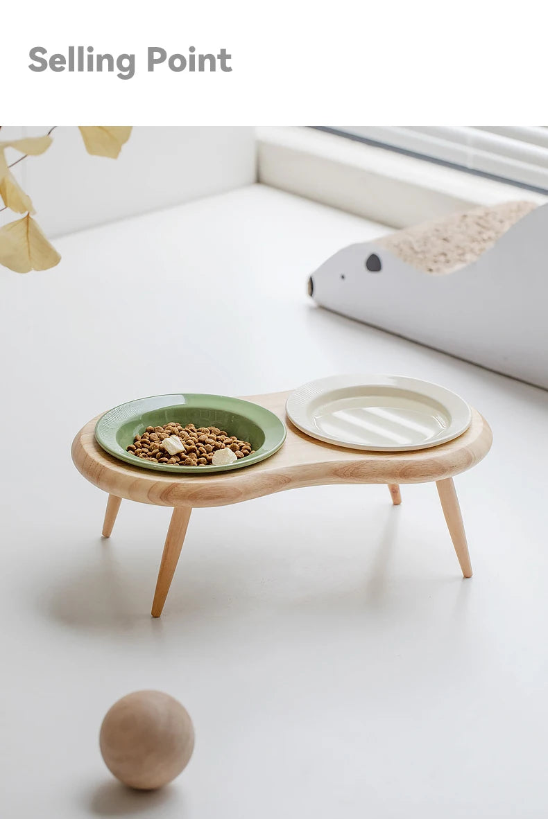 Cat Ceramic Bowl Small Dogs Double Food Water Bowls Pet Elevated Height Adjustable Drinking Eating Bowls with Wooden Stand
