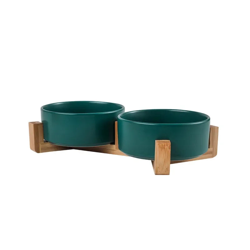 Ceramic Double Pet Bowl with Wood Stand - No Spill Food & Water Feeder for Dogs, Cats, Small & Large Pets