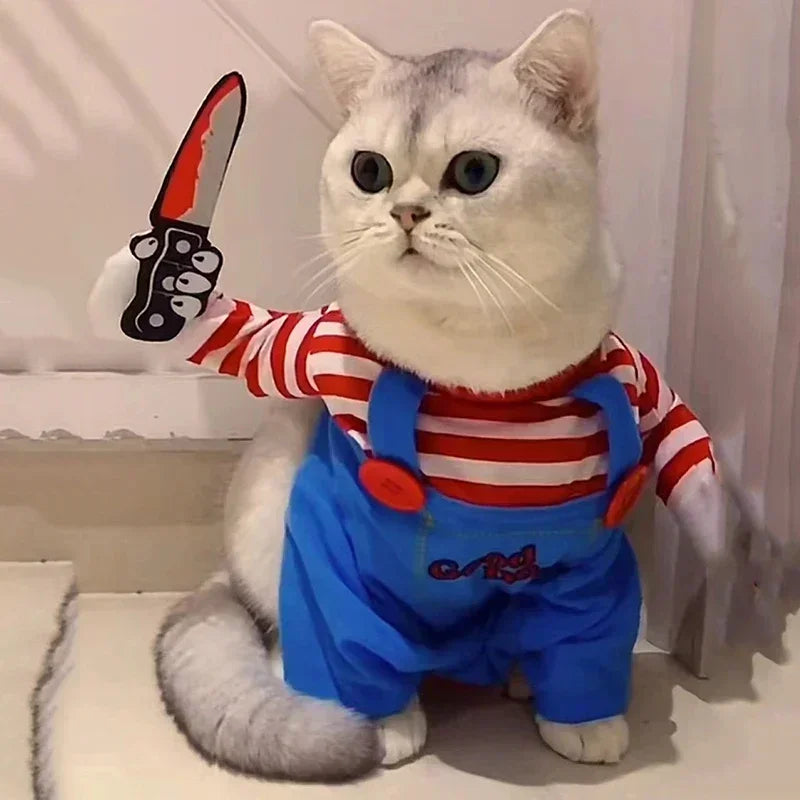 Halloween Doll Pet Chucky Costume -Funny 3D Upright Dog & Cat Outfit, Cosplay Party Clothes for ALL Puppy Kitten