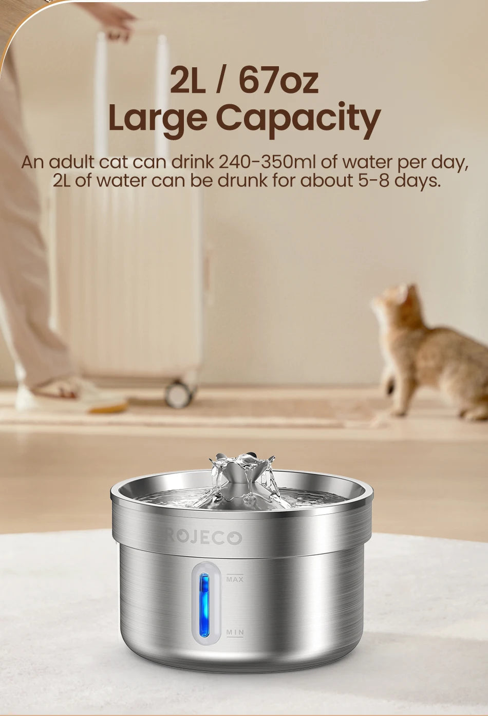 ROJECO Stainless Steel Cat Water Fountain Filters 2L Automatic Pet Water Dispenser Smart Drinking Fountain for Cat Dog Supplies