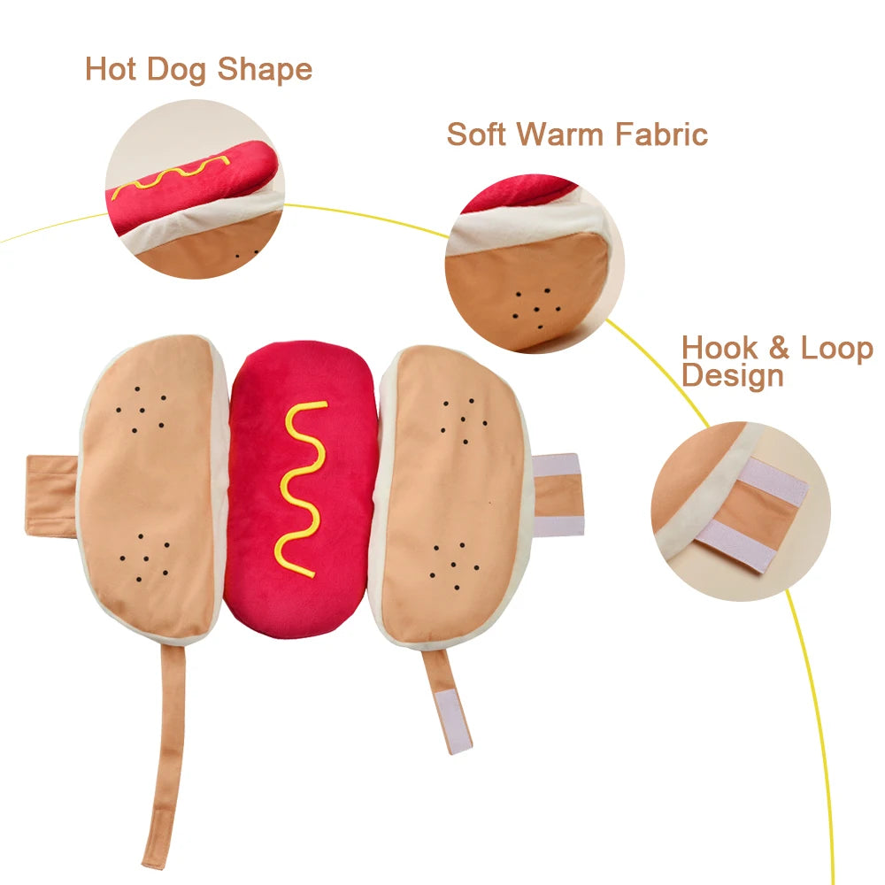Funny Pet Hot Dog Costume Cute Puppy Clothes Cosplay Outfit for Birthday Party Halloween Christmas Photo Shoot Holiday Dress Up