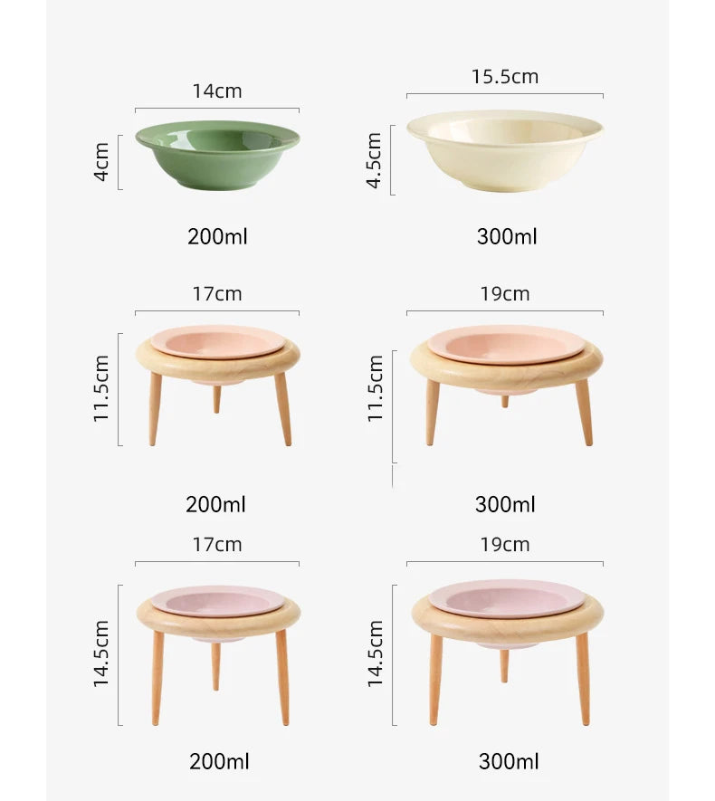 Cat Ceramic Bowl Small Dogs Double Food Water Bowls Pet Elevated Height Adjustable Drinking Eating Bowls with Wooden Stand