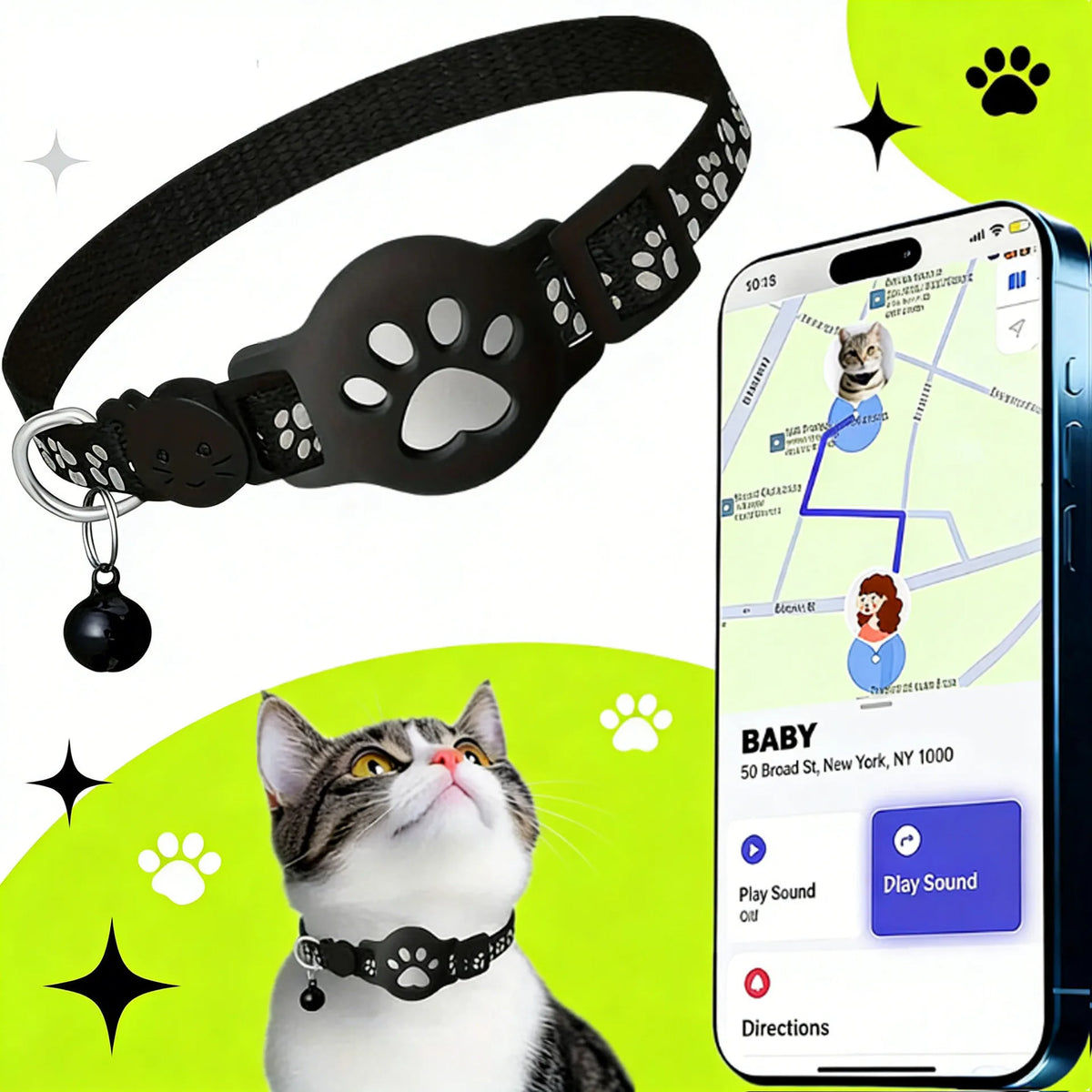 AirTag Cat Collar Reflective Paw Pattern Fit iOS Android System Quick Release Buckle Waterproof Anti-Lost Collar for Small Cats
