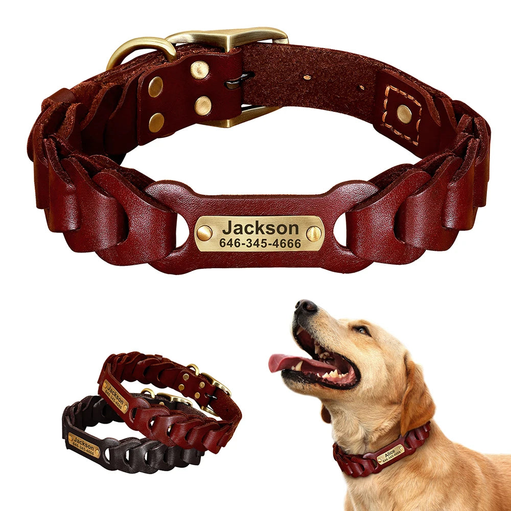 Genuine Leather Dog Collar Custom Leather Medium Large Dog Collars Personalized Pet ID Collars for Dogs Pitbull Engrave Name