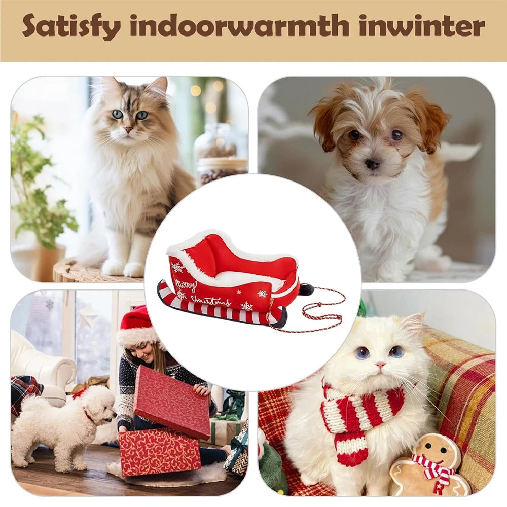 Christmas Sleigh Bed  Removable Washable Plush Pet Warm Sofa with Non-Slip Base Christmas Cat Dog Nest for Winter Indoor Outdoor