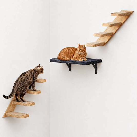 Wall-Mounted Cat Stairs Set with Shelf Includes 2x 4-Step Cat Climbing Ladders & 1x Wall Shelf Paulownia Wood Steps Wrapped in Jute Rope