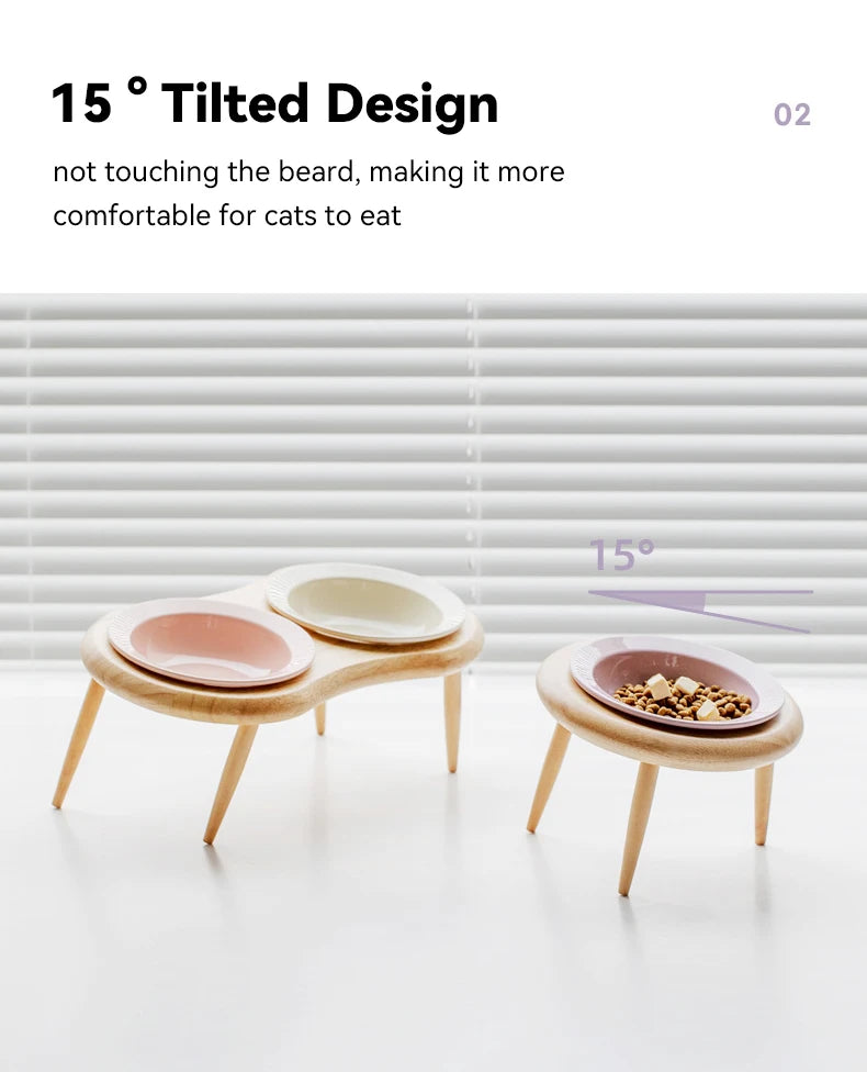 Cat Ceramic Bowl Small Dogs Double Food Water Bowls Pet Elevated Height Adjustable Drinking Eating Bowls with Wooden Stand