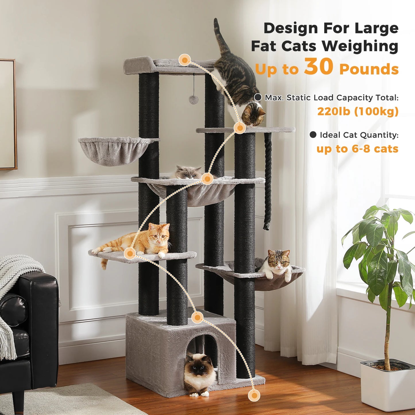 Large Cat Tree for Big Cats Robust Cat Tower with Several Levels Cat House Climbing Tree with Hammock 11 Sisal Posts Large Perch