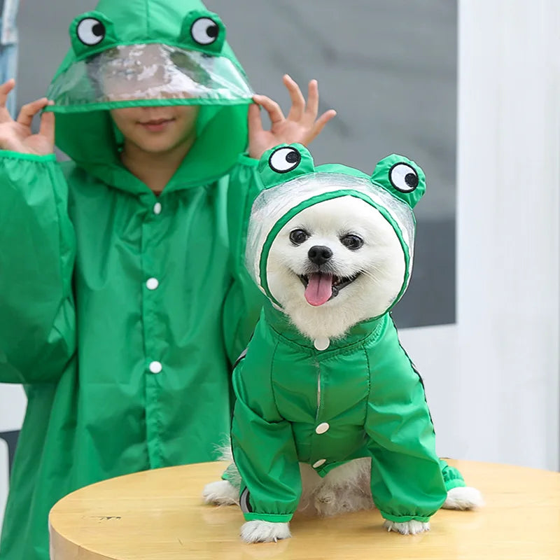 Fun Cartoon Puppy Four-Legged Raincoat Waterproof High Visibility Reflective Hooded Rain Jacket Ventilated Lined Outdoor Rain Suit for Dogs Cats