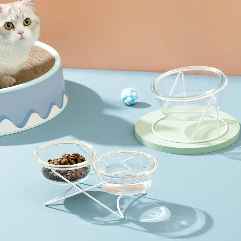 Cat Glass Food Water Bowl Elevated Small Dog Double Drinking Eating Bowls Pet Transparent Feeding Basin with Stand