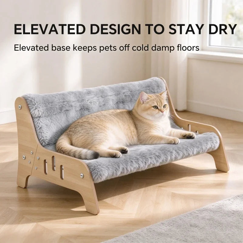 Coral Fleece Cat Sofa Bed with Wooden Frame for Indoor Kittens & Small Dogs, Cozy Puppy Den Lounge Chair