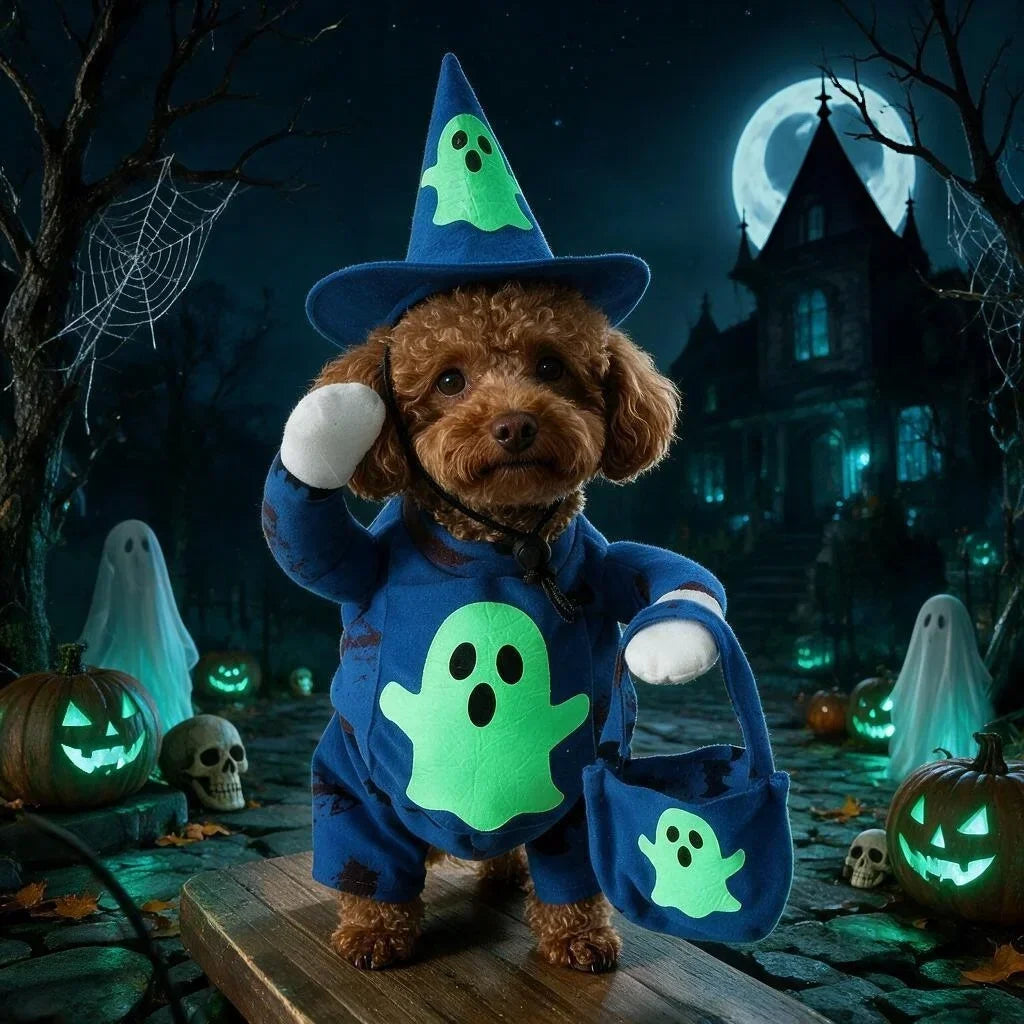 Blue Ghost Pointed Cap Costume Set for Dogs & Cats, Halloween Party, Seasonal Photo Styling, Soft Fabric, Easy Wear