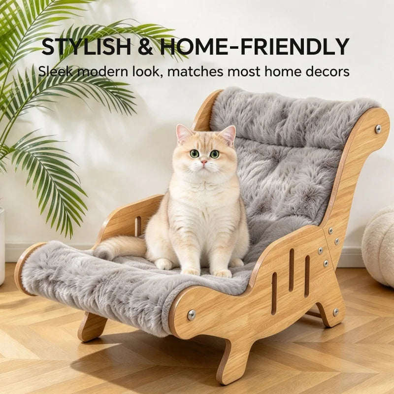 Christmas Warm Plush Cat Lounge Chair, Ergonomic Wooden Cat Bed, Cozy Elevated Indoor Pet Sofa Furniture