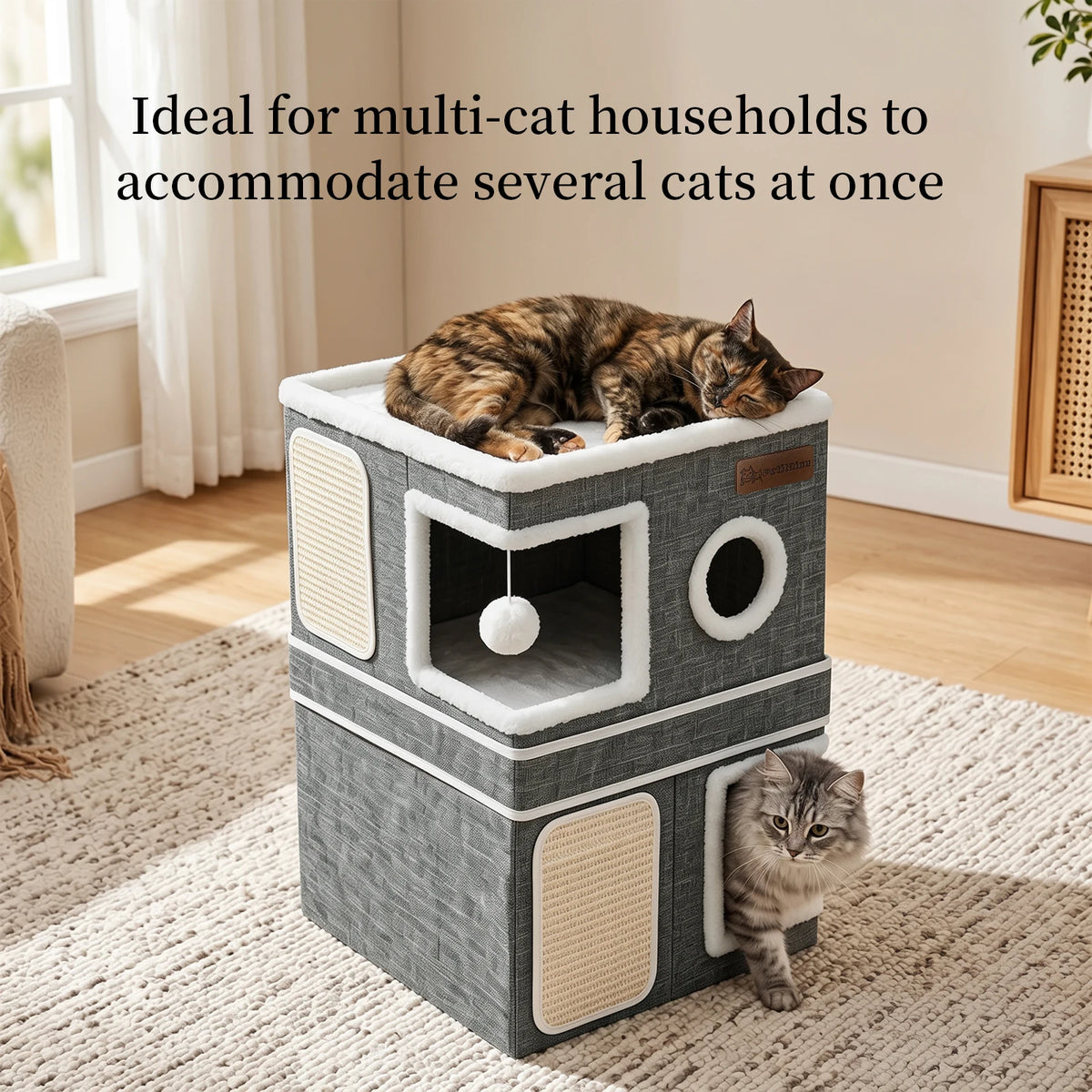 Christmas Pet Gift - Double-Layer Multi-Hole Cat House, Multi-Functional Foldable Cat Cave Hiding Place, Equipped With Sisal Scratching Post And Double Hanging Ball Toys, Double Compartments Pet Shelter, Suitable For Kittens