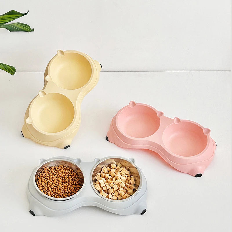 Simple And Cute Macaron Pure Color Stainless Steel Pet Double Bowl For Cats Dogs Feeding And Drinking Bowl Feeder
