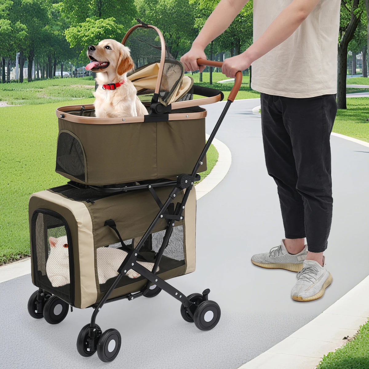 Foldable Pet Stroller for Small/Medium Pets—18.1x22.8x38.2in, 2-Tier Design+Safety Locks, Sunshade+Cushions, Ideal for Travel