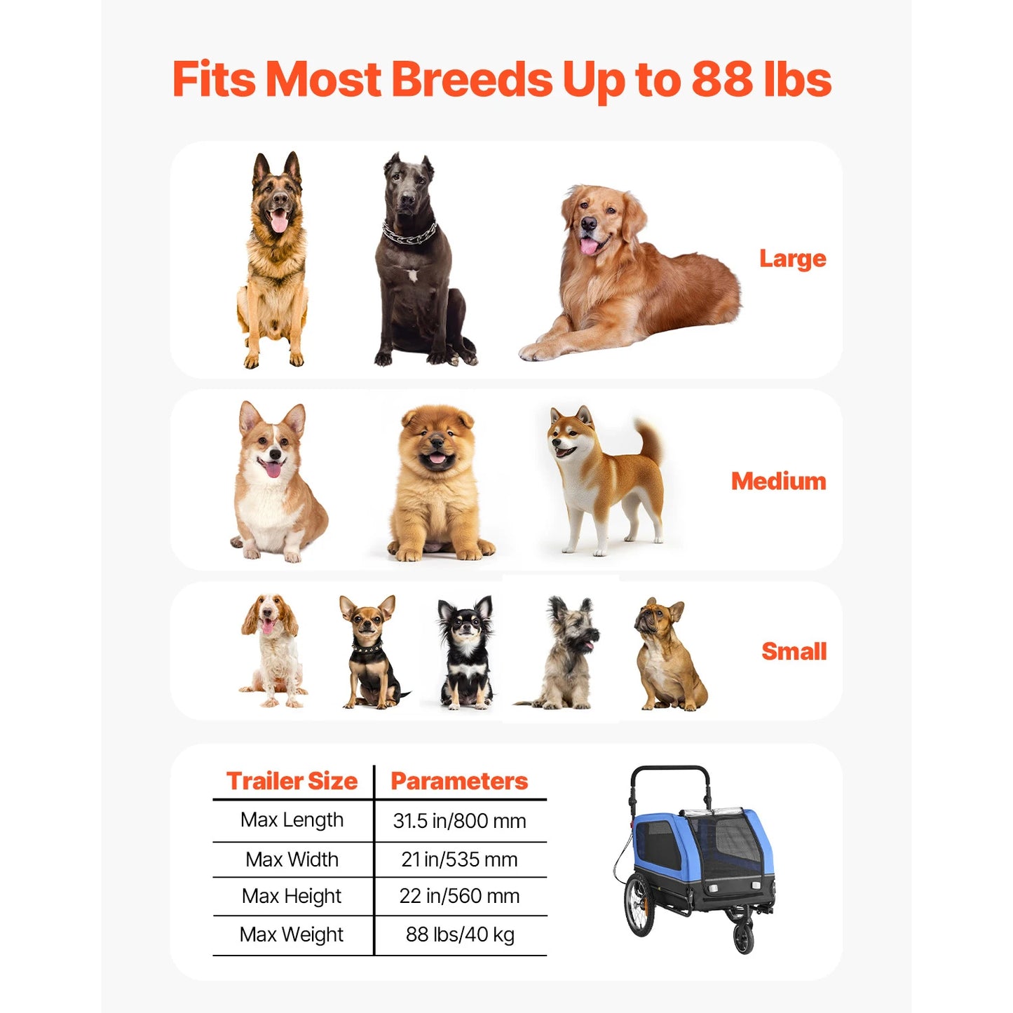 88 lbs Dog Bike Trailer 2-in-1 Pet Stroller Cart Bicycle Carrier with Wheel & Universal Coupler for Small & Large Dogs