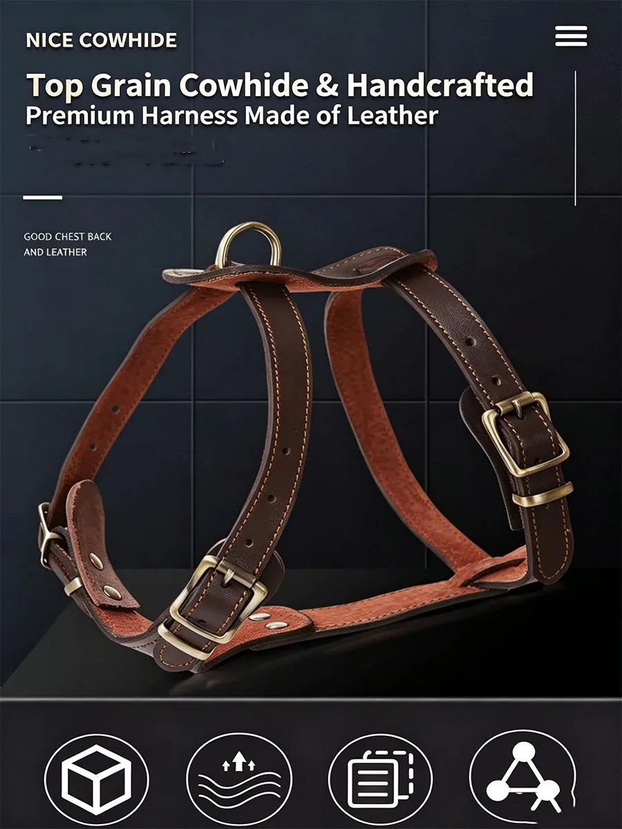 Top Cowhide Leather Dog Harness Adjustable Heavy Duty Pet Walking Harness No Pull Handcrafted Sturdy Vest for Medium Large Dogs
