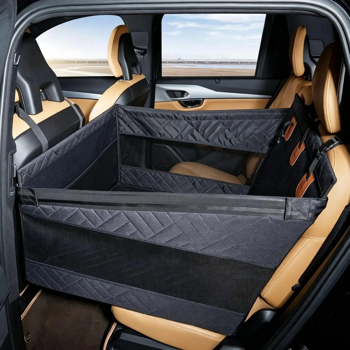 Car Pet Seat Cover Waterproof Hard-Bottom Rear Seat Dog Mat with Mesh Design Car Hammock Pet Bed for Dogs Cats Travel Accessory