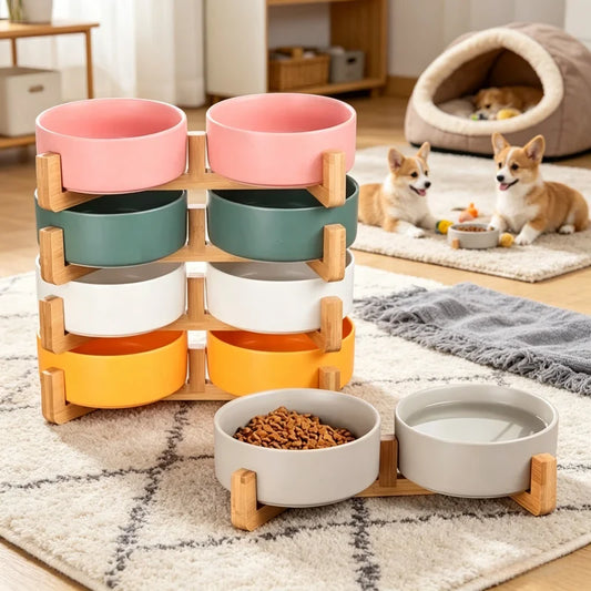 Ceramic Double Pet Bowl with Wood Stand - No Spill Food & Water Feeder for Dogs, Cats, Small & Large Pets