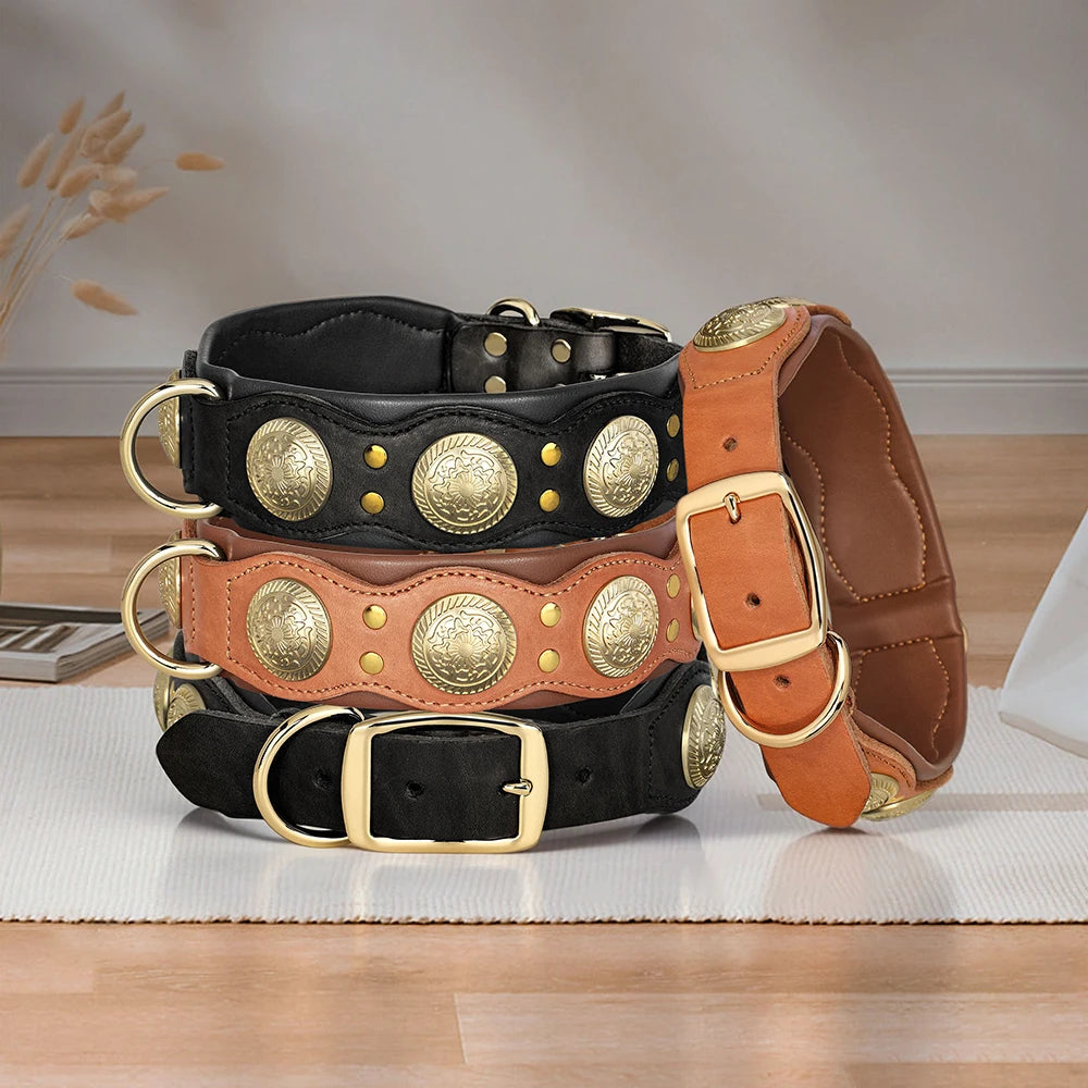 Real Leather Dog Collar Genuine Leather Dog Collars Spiked Studded Big Dog Collar Necklace Adjustable For Medium Large Dogs Pug