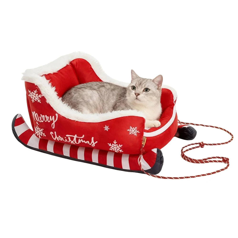 Christmas Sleigh Bed  Removable Washable Plush Pet Warm Sofa with Non-Slip Base Christmas Cat Dog Nest for Winter Indoor Outdoor