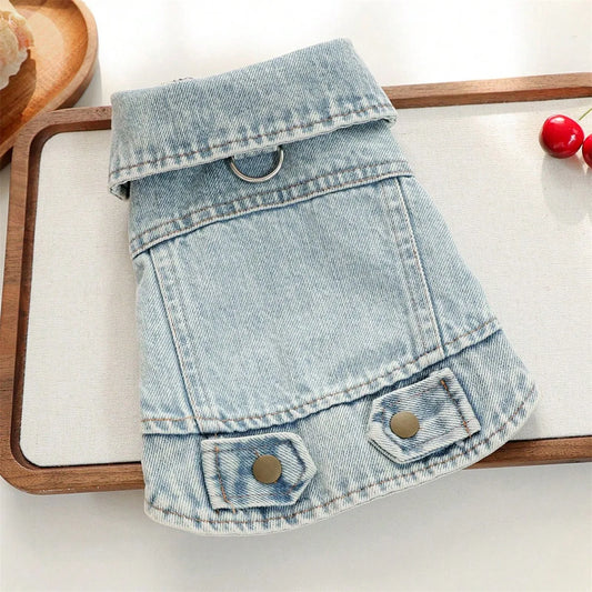 Dog Jean Jacket With Traction Buckle Casual Stylish Solid Color Snap Button Down Cute Denim Dog Shirt