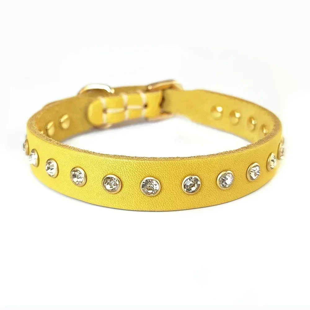 Rhinestone Puppy Dog Cat Collar Bling Kitty Collar Handmade Genuine Leather Crystal Diamond Small Pet Collar Kittens Accessories