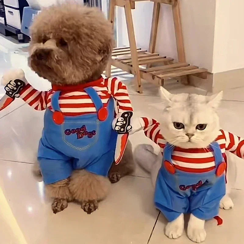 Halloween Doll Pet Chucky Costume -Funny 3D Upright Dog & Cat Outfit, Cosplay Party Clothes for ALL Puppy Kitten