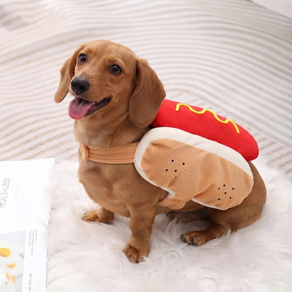 Funny Pet Hot Dog Costume Cute Puppy Clothes Cosplay Outfit for Birthday Party Halloween Christmas Photo Shoot Holiday Dress Up