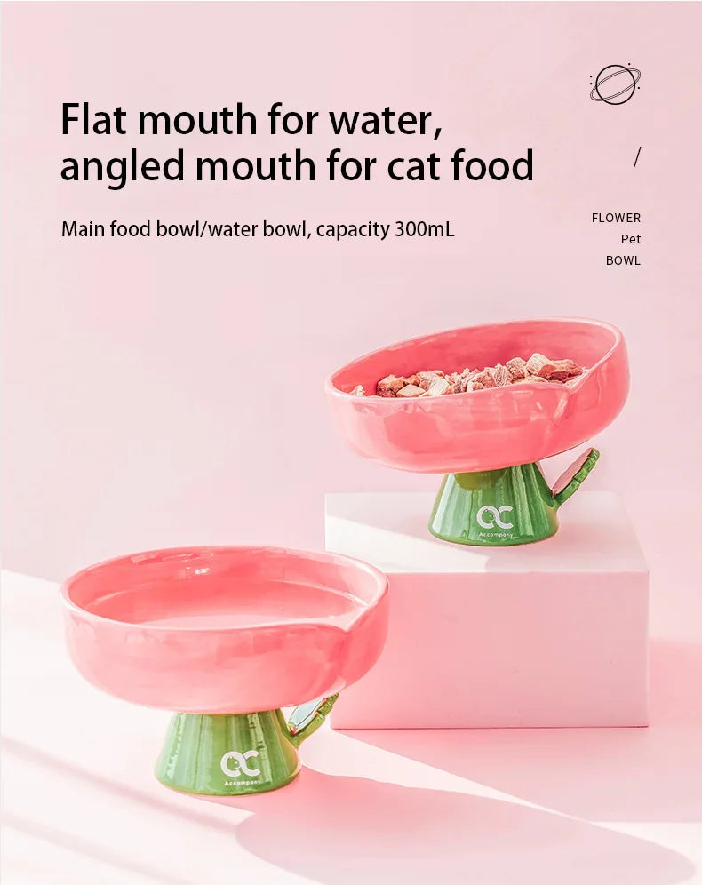 Tulip Shaped Elevated Ceramic Cat Bowl, Raised Pet Food Water Bowl for Cats, Anti-Vomiting Kitten Feeder