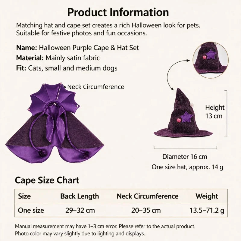 Halloween Cat & Dog Costume – Comfortable Witch Outfit with Cloak & Witch Hat, Pet Halloween Clothes for S/M Cats & Small Dogs