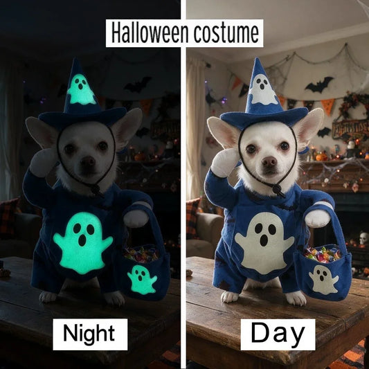 Blue Ghost Pointed Cap Costume Set for Dogs & Cats, Halloween Party, Seasonal Photo Styling, Soft Fabric, Easy Wear
