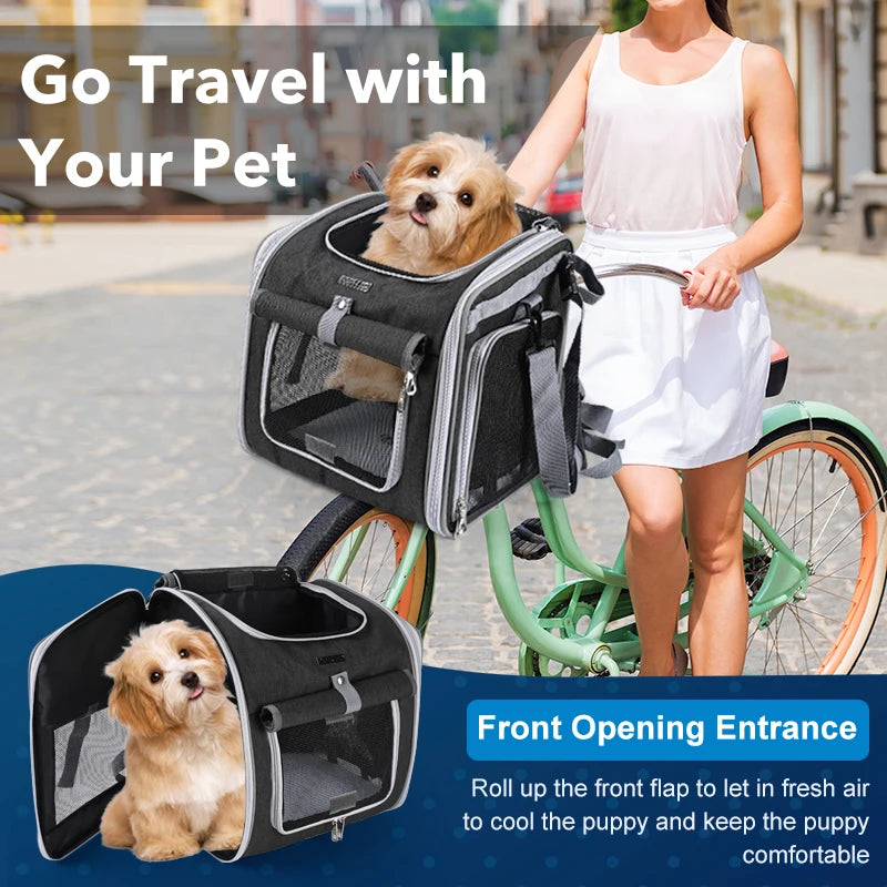 Dog or Cat Bike Basket, Expandable Soft Sided Pet Carrier Backpack with 4 Open Doors, Foldable Dog Bike Carrier