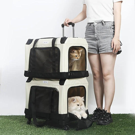Portable Large Capacity Multi-Pet Travel Trolley Double Layer Cat Carrier Travel Bag Comfortable and Breathable for Camping