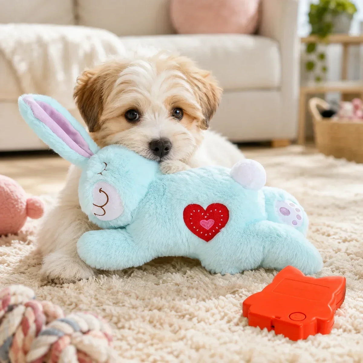 Bunny Plush Dog Heartbeat Toy Puppy Anxiety Relief Calming Sleep Aid Comfort Pillow for Crate Training Small Puppies