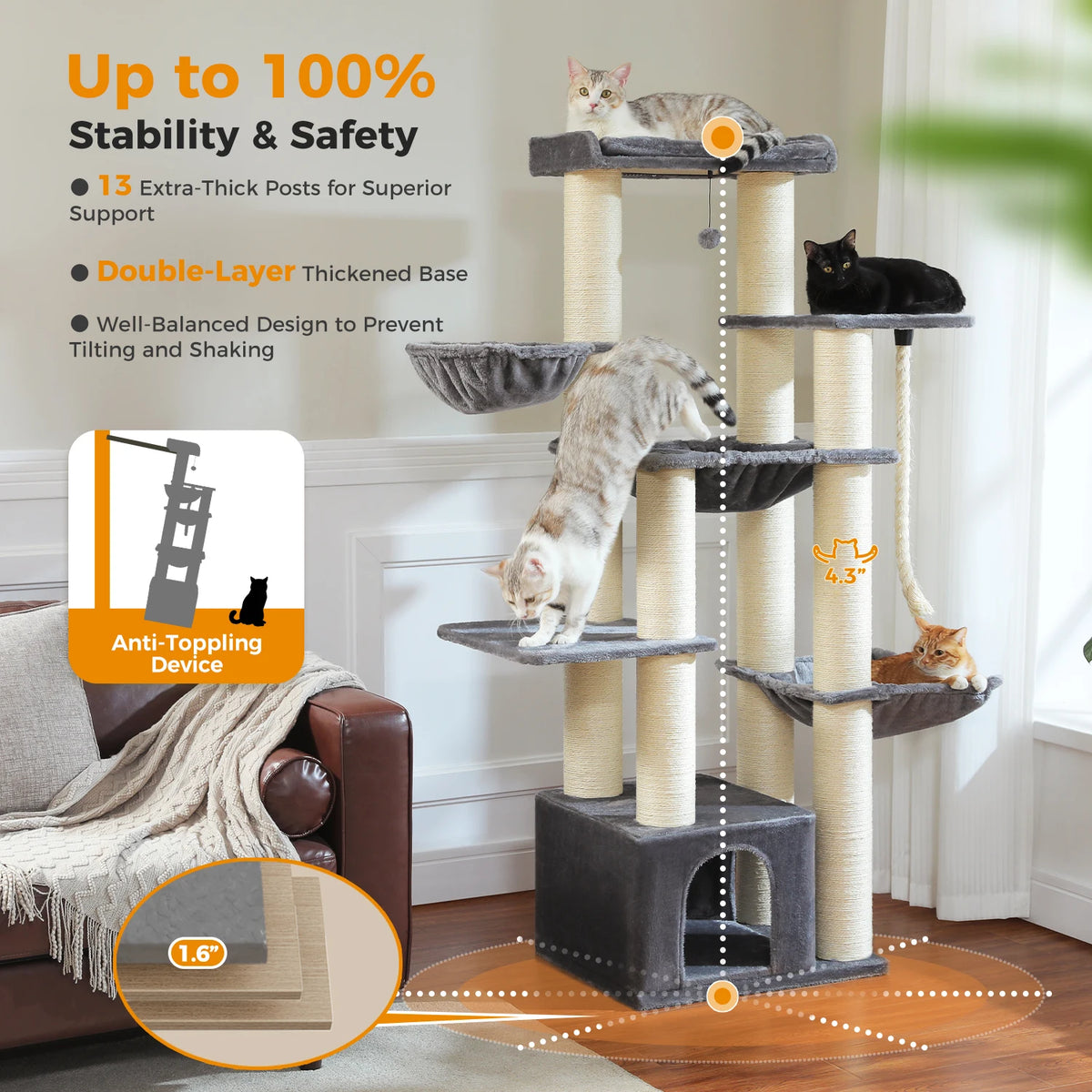 Large Cat Tree for Big Cats Robust Cat Tower with Several Levels Cat House Climbing Tree with Hammock 11 Sisal Posts Large Perch