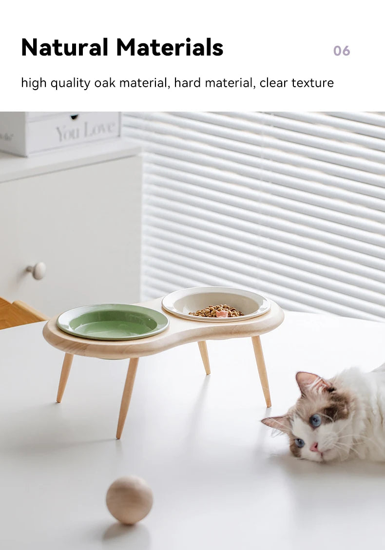 Cat Ceramic Bowl Small Dogs Double Food Water Bowls Pet Elevated Height Adjustable Drinking Eating Bowls with Wooden Stand