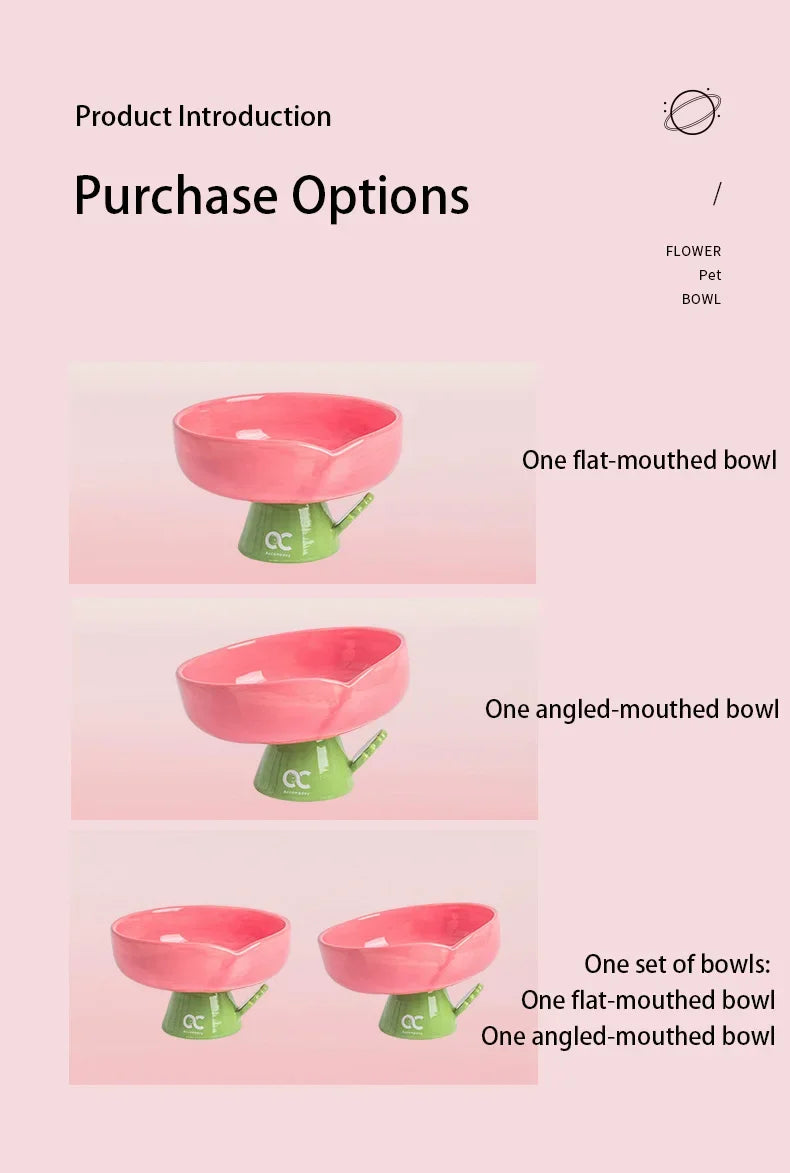 Tulip Shaped Elevated Ceramic Cat Bowl, Raised Pet Food Water Bowl for Cats, Anti-Vomiting Kitten Feeder