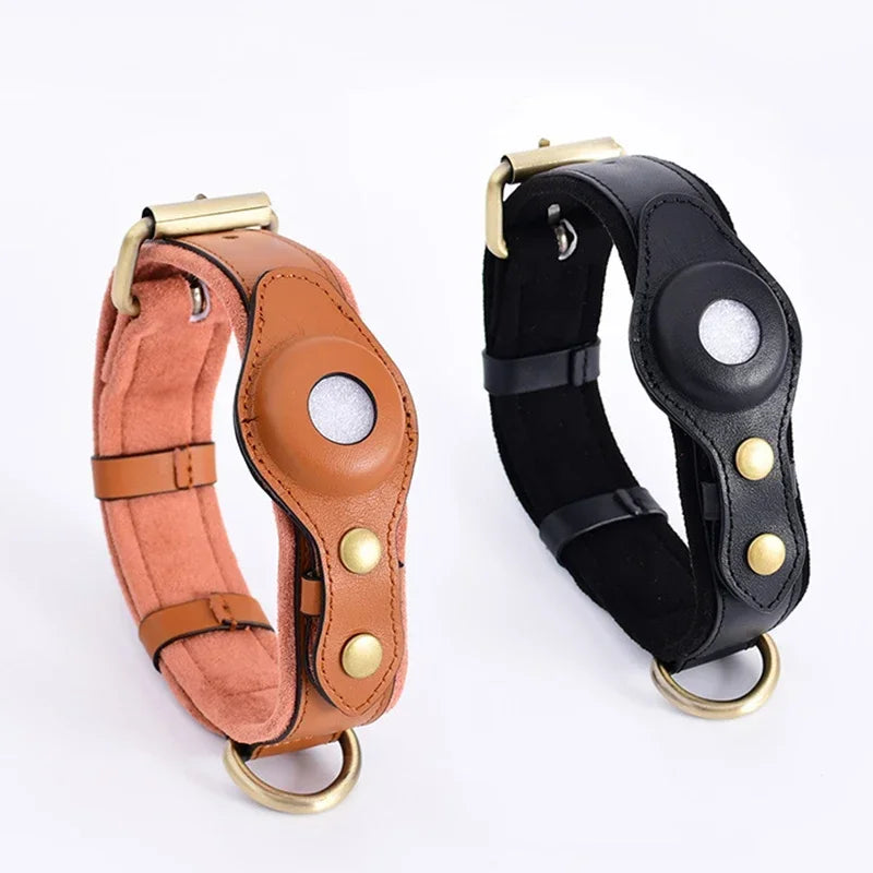Solid and Anti Loss Genuine Leather Airtag Heavy Duty Dog Collar